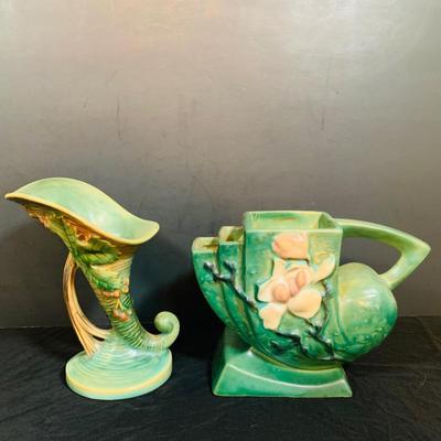 LOT 28: Set of Two (2) Roseville Pottery Pieces- Green Magnolia Cornucopia and Bushberry Cornucopia Vase