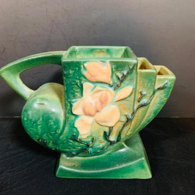 LOT 28: Set of Two (2) Roseville Pottery Pieces- Green Magnolia Cornucopia and Bushberry Cornucopia Vase