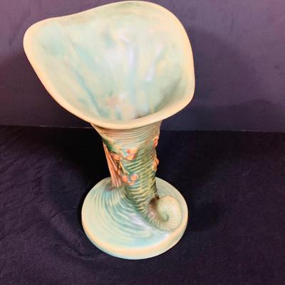 LOT 28: Set of Two (2) Roseville Pottery Pieces- Green Magnolia Cornucopia and Bushberry Cornucopia Vase