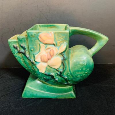 LOT 28: Set of Two (2) Roseville Pottery Pieces- Green Magnolia Cornucopia and Bushberry Cornucopia Vase
