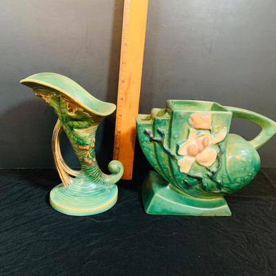 LOT 28: Set of Two (2) Roseville Pottery Pieces- Green Magnolia Cornucopia and Bushberry Cornucopia Vase