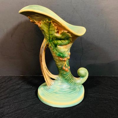 LOT 28: Set of Two (2) Roseville Pottery Pieces- Green Magnolia Cornucopia and Bushberry Cornucopia Vase