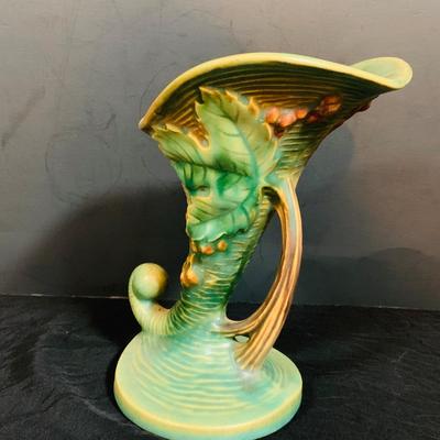 LOT 28: Set of Two (2) Roseville Pottery Pieces- Green Magnolia Cornucopia and Bushberry Cornucopia Vase