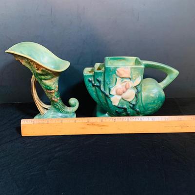 LOT 28: Set of Two (2) Roseville Pottery Pieces- Green Magnolia Cornucopia and Bushberry Cornucopia Vase