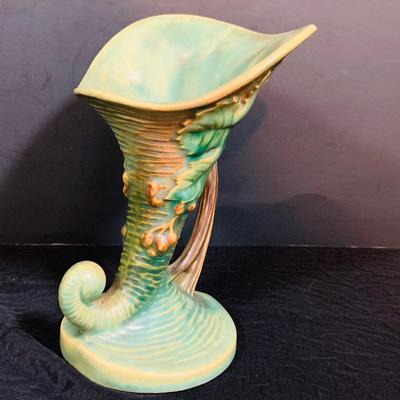 LOT 28: Set of Two (2) Roseville Pottery Pieces- Green Magnolia Cornucopia and Bushberry Cornucopia Vase