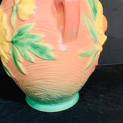 LOT 29: Vintage Roseville Pottery - Clematis Horn Cornucopia Vase and Peony Coral Pink Jug Handled Vase