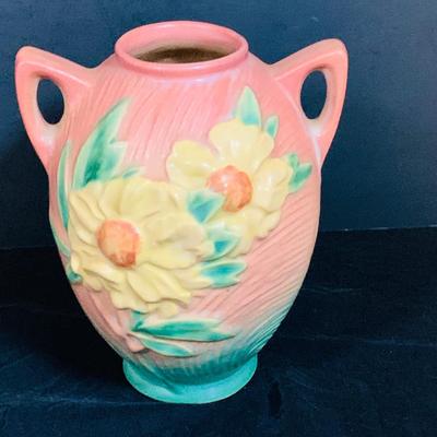 LOT 29: Vintage Roseville Pottery - Clematis Horn Cornucopia Vase and Peony Coral Pink Jug Handled Vase