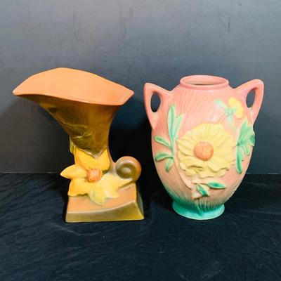 LOT 29: Vintage Roseville Pottery - Clematis Horn Cornucopia Vase and Peony Coral Pink Jug Handled Vase