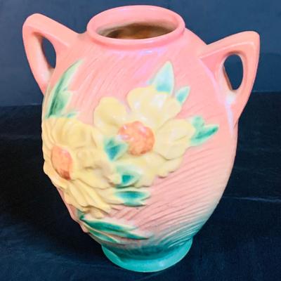 LOT 29: Vintage Roseville Pottery - Clematis Horn Cornucopia Vase and Peony Coral Pink Jug Handled Vase