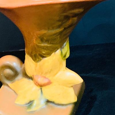 LOT 29: Vintage Roseville Pottery - Clematis Horn Cornucopia Vase and Peony Coral Pink Jug Handled Vase