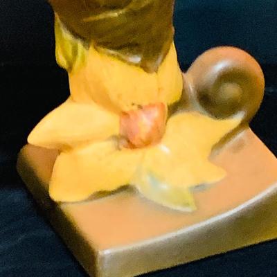 LOT 29: Vintage Roseville Pottery - Clematis Horn Cornucopia Vase and Peony Coral Pink Jug Handled Vase