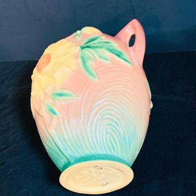 LOT 29: Vintage Roseville Pottery - Clematis Horn Cornucopia Vase and Peony Coral Pink Jug Handled Vase