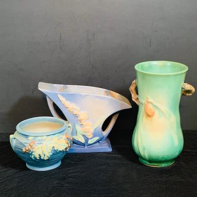 LO 30: Set of Three (3) Vintage Roseville Pottery Pieces- Blue Foxglove Sectioned Vase with Handles, Blue Bushberry Bowl and Green Pine...