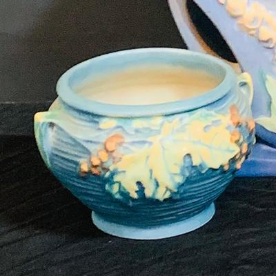 LO 30: Set of Three (3) Vintage Roseville Pottery Pieces- Blue Foxglove Sectioned Vase with Handles, Blue Bushberry Bowl and Green Pine...