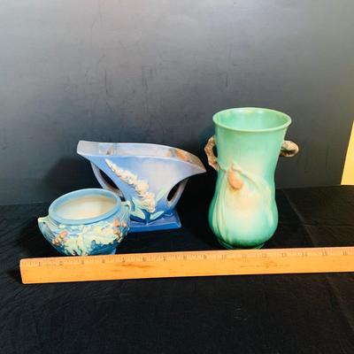 LO 30: Set of Three (3) Vintage Roseville Pottery Pieces- Blue Foxglove Sectioned Vase with Handles, Blue Bushberry Bowl and Green Pine...