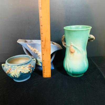 LO 30: Set of Three (3) Vintage Roseville Pottery Pieces- Blue Foxglove Sectioned Vase with Handles, Blue Bushberry Bowl and Green Pine...