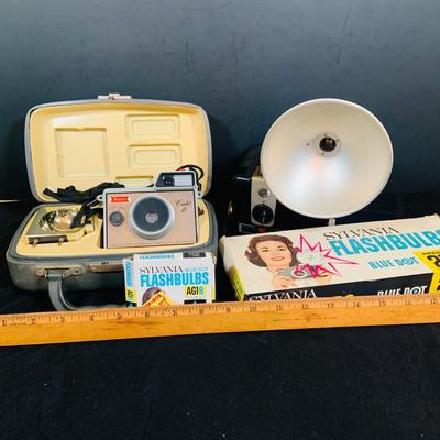 LOT 34: Mid Century Photography Collection Featuring a Ansco Cadet II Camera, Flash and Case; a Kodak Brownie Hawkeye Camera Flash Model...