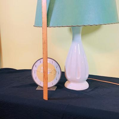 LOT 35: Art Deco Style Wind-up Mechanical Kienzle Brass Desk Clock and a White Ceramic MCM Table Lamp with Teal Colored Shade
