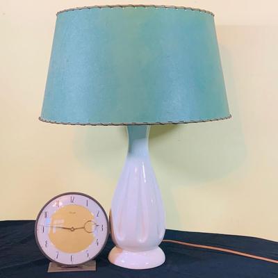 LOT 35: Art Deco Style Wind-up Mechanical Kienzle Brass Desk Clock and a White Ceramic MCM Table Lamp with Teal Colored Shade
