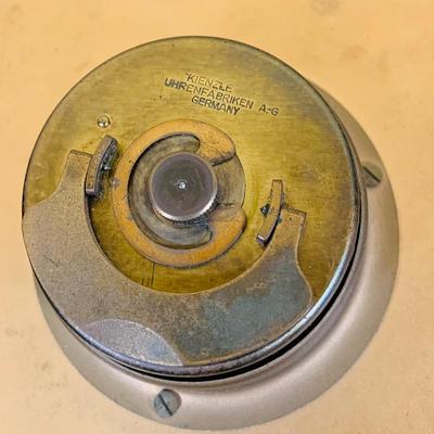 LOT 35: Art Deco Style Wind-up Mechanical Kienzle Brass Desk Clock and a White Ceramic MCM Table Lamp with Teal Colored Shade