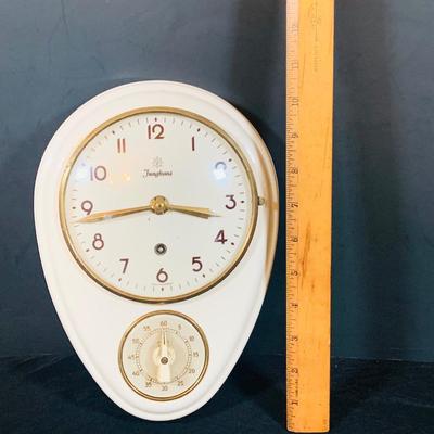 LOT 36: Vintage Junghans Porcelain Art Deck Kitchen Wall Clock with Egg Timer