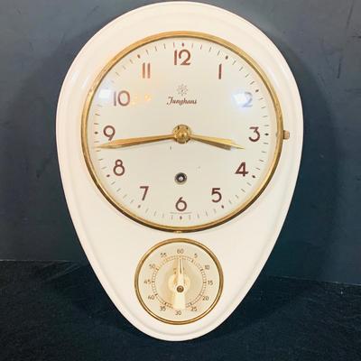 LOT 36: Vintage Junghans Porcelain Art Deck Kitchen Wall Clock with Egg Timer