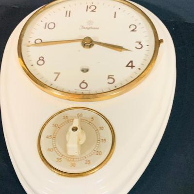 LOT 36: Vintage Junghans Porcelain Art Deck Kitchen Wall Clock with Egg Timer