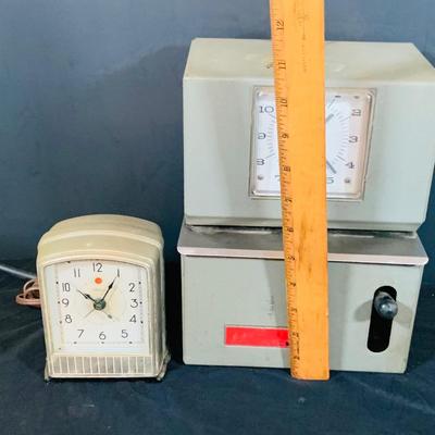 LOT 37: Vintage Latham Manual Punch Time Clock Model 2121 and Telechron Electric Alarm Clock Model 711
