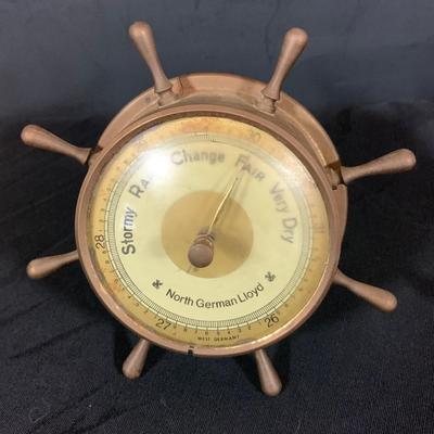 LOT40: Vintage Nautical Compass In Wood Box, Ships Wheel Barometers and Kaiser Desk Clock