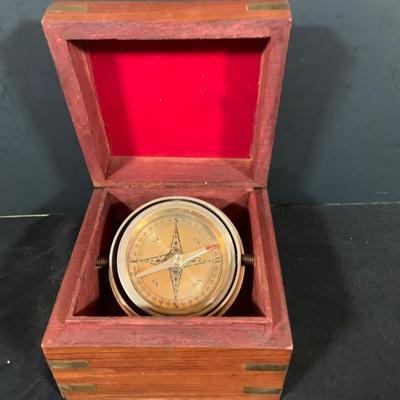 LOT40: Vintage Nautical Compass In Wood Box, Ships Wheel Barometers and Kaiser Desk Clock