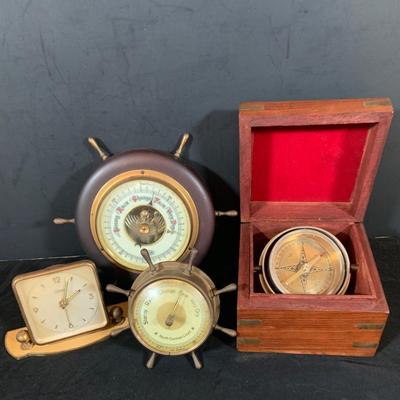 LOT40: Vintage Nautical Compass In Wood Box, Ships Wheel Barometers and Kaiser Desk Clock