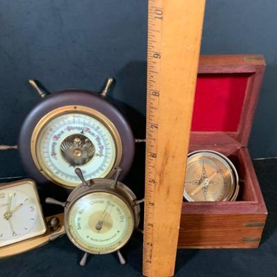 LOT40: Vintage Nautical Compass In Wood Box, Ships Wheel Barometers and Kaiser Desk Clock