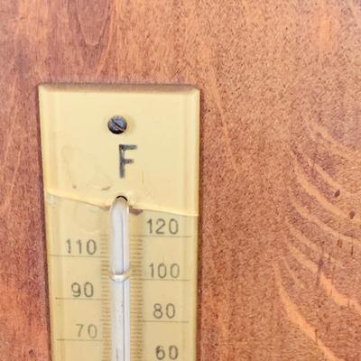 LOT 43: Collection of Wood Mounted Clock, Barometer and Thermometers Including Junghans Battery Desk Clock, Airguide Barometer, and More