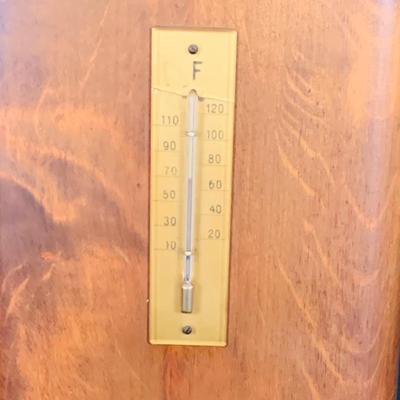 LOT 43: Collection of Wood Mounted Clock, Barometer and Thermometers Including Junghans Battery Desk Clock, Airguide Barometer, and More
