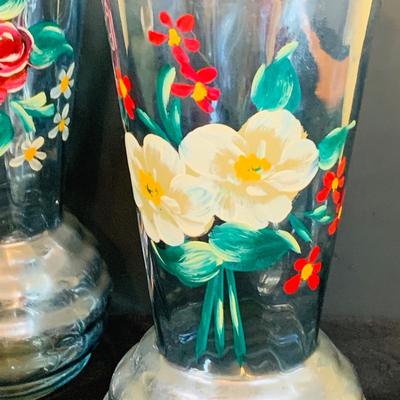 LOT 47; Vintage/Antique Beautiful Hand Painted Floral Vases and a Mechanical New Haven Floral Desk Clock