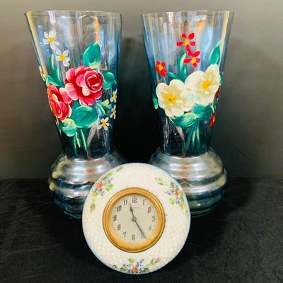 LOT 47; Vintage/Antique Beautiful Hand Painted Floral Vases and a Mechanical New Haven Floral Desk Clock