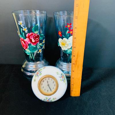 LOT 47; Vintage/Antique Beautiful Hand Painted Floral Vases and a Mechanical New Haven Floral Desk Clock