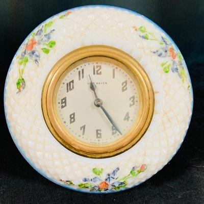 LOT 47; Vintage/Antique Beautiful Hand Painted Floral Vases and a Mechanical New Haven Floral Desk Clock