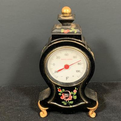 LOT 48: Vintage Floral Mechanical 400 Day Clock Collection by Schatz and More Including a Floral Sainte-Helene Thermometer