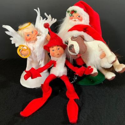 LOT 52 Adorable Collection of Annalee Holiday Dolls Including Santa 2001, Dog 2001, Elf 2003 and Angel 2003
