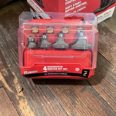 LOT 56: Bauer Cordless Compact Brushless Router, 20v Battery and 4 Roundover Router Bit Set (New in Package)