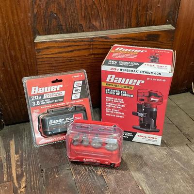LOT 56: Bauer Cordless Compact Brushless Router, 20v Battery and 4 Roundover Router Bit Set (New in Package)