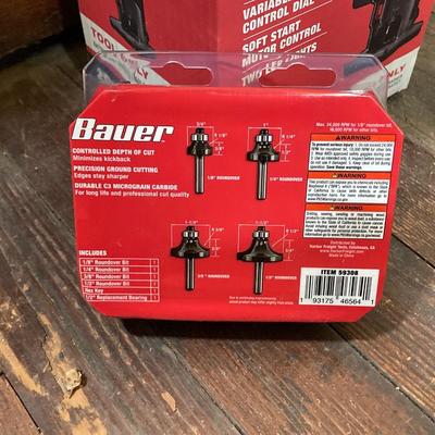 LOT 56: Bauer Cordless Compact Brushless Router, 20v Battery and 4 Roundover Router Bit Set (New in Package)