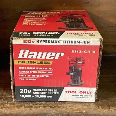 LOT 56: Bauer Cordless Compact Brushless Router, 20v Battery and 4 Roundover Router Bit Set (New in Package)