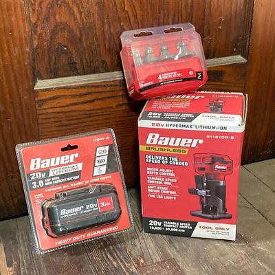 LOT 56: Bauer Cordless Compact Brushless Router, 20v Battery and 4 Roundover Router Bit Set (New in Package)