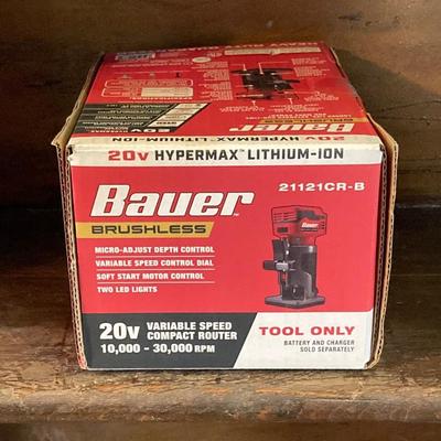 LOT 56: Bauer Cordless Compact Brushless Router, 20v Battery and 4 Roundover Router Bit Set (New in Package)