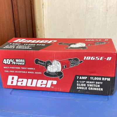 LOT 57: Bauer 4 1/2 Inch Heavy Duty Slide Switch Angle Grinder, Blades, Warrior Cut Off Wheels and Quinn 15 Piece Screwdriver Set (New in...