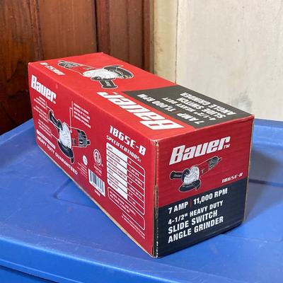 LOT 57: Bauer 4 1/2 Inch Heavy Duty Slide Switch Angle Grinder, Blades, Warrior Cut Off Wheels and Quinn 15 Piece Screwdriver Set (New in...