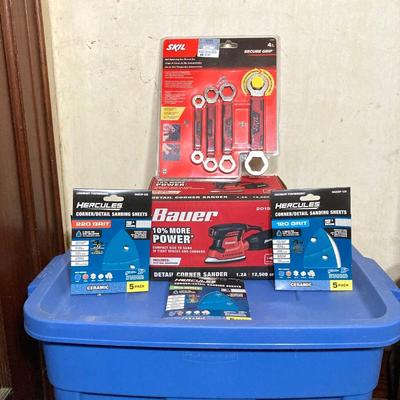 LOT 59: Bauer Detail Corner Sander 2019E-B, Hercules Sanding Sheets and Skil Box Wrench Set (New in Package)
