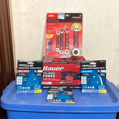 LOT 59: Bauer Detail Corner Sander 2019E-B, Hercules Sanding Sheets and Skil Box Wrench Set (New in Package)